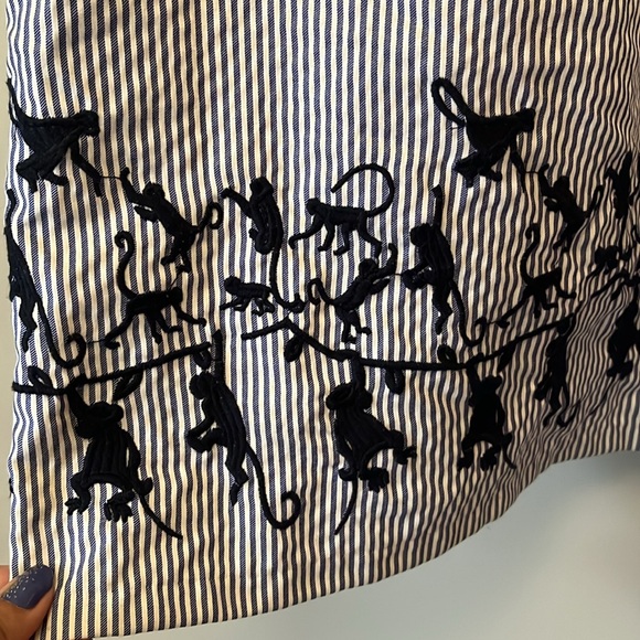Nicole Miller Studio Blue White Striped Shirt Dress Embroidered Monkeys Size 10 - Picture 4 of 13